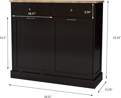 Ball & Cast Double Tilt Out Trash Cabinet with 2 Drawers Multifunctional 10 Gallons Hidden Garbage Can for Kitchen, Bathroom, Laundry and Living Room,Standing Laundry Sorter,Black