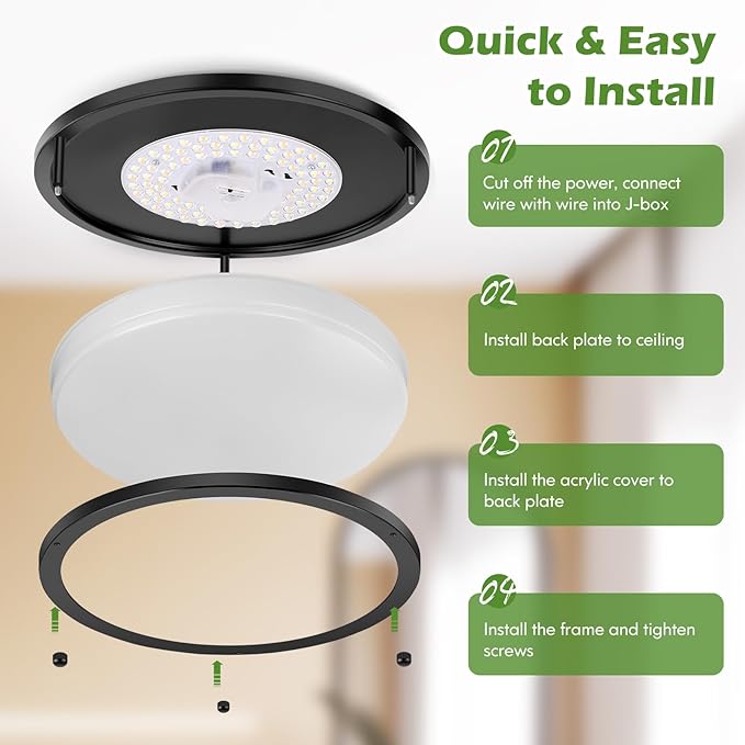 2-Pack 36W LED Flush Mount Ceiling Lights, 3200LM Black Ceiling Light Fixtures, 5 Color in One (2700K/3000K/4000K/5000K/6500K), 12'' Modern Round Ceiling Lamp for Kitchen Hallway Stairwell Offices