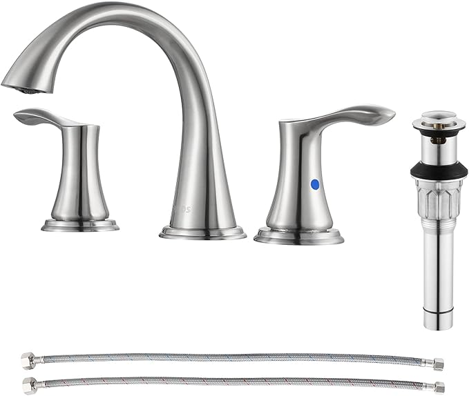 PARLOS Widespread 2 Handles Bathroom Faucet with Metal Pop Up Sink Drain and cUPC Faucet Supply Lines, Brushed Nickel, Demeter 13647