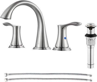 PARLOS Widespread 2 Handles Bathroom Faucet with Metal Pop Up Sink Drain and cUPC Faucet Supply Lines, Brushed Nickel, Demeter 13647