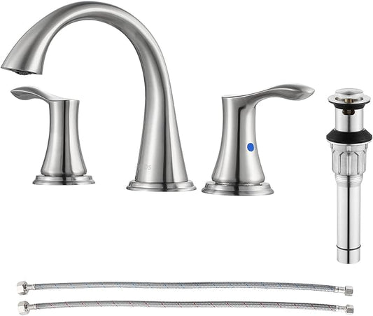 PARLOS Widespread 2 Handles Bathroom Faucet with Metal Pop Up Sink Drain and cUPC Faucet Supply Lines, Brushed Nickel, Demeter 13647