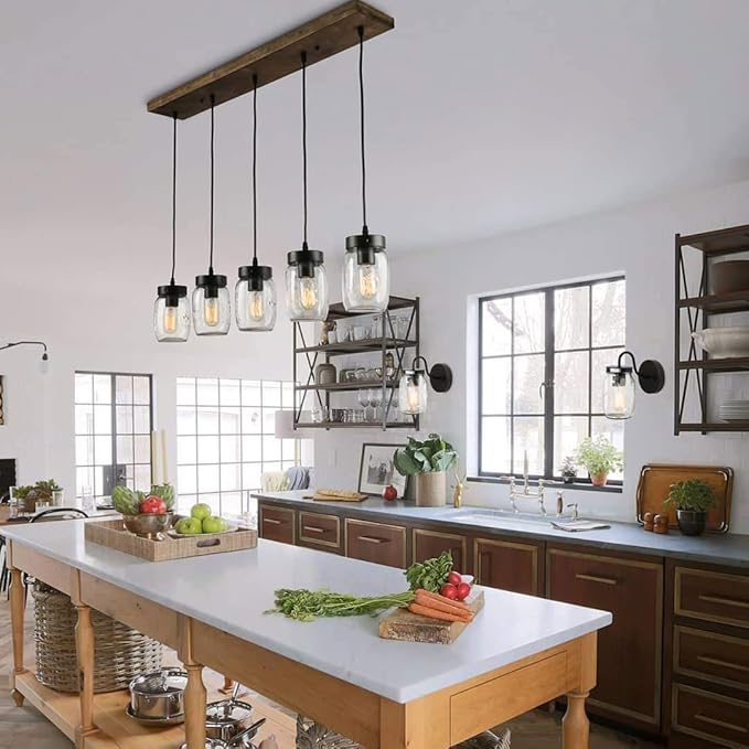LNC Farmhouse Mason Jar Chandelier, 5-Light Adjustable Rustic Pendant Chandeliers Hanging Light Fixture for Kitchen Island and Dining Room Brown