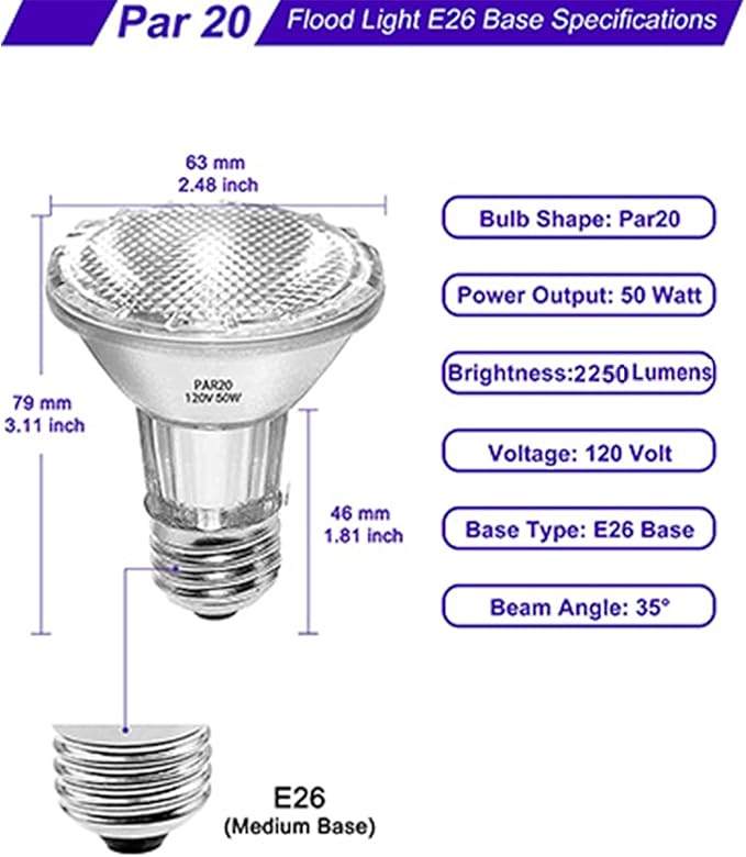 PAR20 Flood 50W 120V Bulbs, 2 Pack 50 Watt PAR20 Halogen Bulb, Dmimable Reflector Par20 Flood 50W 120V Warm White 2700K for Track Lighting