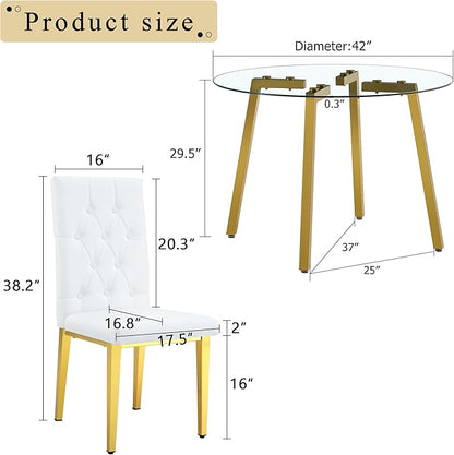 Round Glass Dining Table Set with 2 White PU Chairs, 42 Inch Diameter Clear Tempered Glass Top with Gold Metal Legs, Grid Quilting Design for Modern Dining Room and Kitchen
