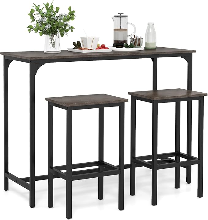 COSTWAY 3-Piece Dining Table Set, 47.5" Industrial Counter-Height Kitchen Table and 2 Bar Stools, High Top Rectangular Pub Table and Chairs for Dining Room Small Place Breakfast Nook Bistro (Grey)