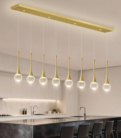 Rectangular Crystal Pendant Lights for Kitchen Island 8 Light Dimmable Crystal Chandelier Lighting Fixtures with Remote for Dining Room Living Room Gold