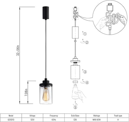 mirrea H Type Cord Adjustable Black Track Lighting Pendant with Clear Glass Shade Pack of 1
