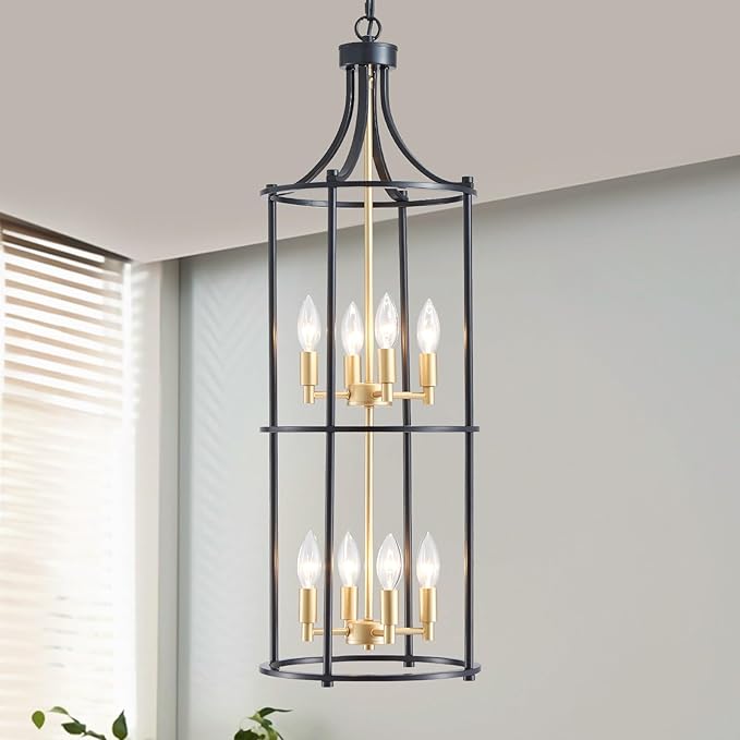 XINGQI Black and Gold Foyer Chandeliers for High Ceiling, Modern 8 Light Dinning Room Lantern Tiered Chandelier Cage Pendant Lighting Fixture for Staircase Entryway Living Room