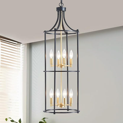 XINGQI Black and Gold Foyer Chandeliers for High Ceiling, Modern 8 Light Dinning Room Lantern Tiered Chandelier Cage Pendant Lighting Fixture for Staircase Entryway Living Room