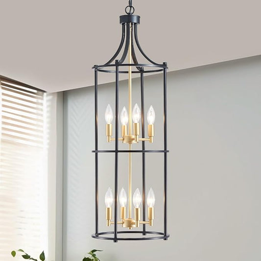 XINGQI Black and Gold Foyer Chandeliers for High Ceiling, Modern 8 Light Dinning Room Lantern Tiered Chandelier Cage Pendant Lighting Fixture for Staircase Entryway Living Room