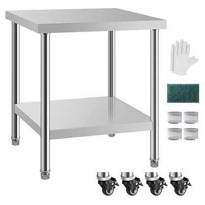 NSF Stainless Steel Table for Prep & Work with Caster 30x24 Inches, Metal Commercial Kitchen Table with Under Shelf and AdjustableTable Foot for Restaurant, Home and Hotel