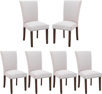COLAMY Upholstered Dining Chairs Set of 6, Parsons Style Side Chairs with Nailhead Trim and Solid Wood Legs, Comfortable Linen Fabric for Kitchen & Dining Room – Beige