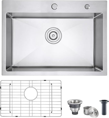 POPFLY 25×18 Drop in Kitchen Sink, 18 Guage 304 Stainless Steel 9 Inch Deep Farmhouse Sink, 25 Inch Top mount Single Bowl 2 Holes Laundry Utility Rv Sink, Brushed Nickel