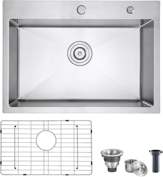 POPFLY 27×18 inch Drop in Kitchen Sink, 18 Gauge Stainless Steel Single Bowl Large Sink, Top mount 9 Inch Deep Kitchen Sinks with 2 Holes, Brushed