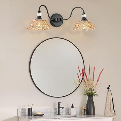 Black Bathroom Vanity Light, 2-Light Vanity Light with Floral Amber Glass Shades,Vintage Farmhouse Wall Mount Lighting for Bathroom, Dressing Table