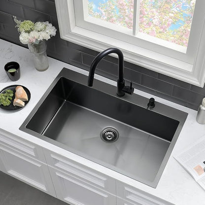 33 Black Kitchen Sink with Faucet Combo-VASOYO 33 x 22 Drop In Kitchen Sink Top Mount Black Stainless Steel Deep Single Bowl Over Mount Sinks with Faucet Combo Set