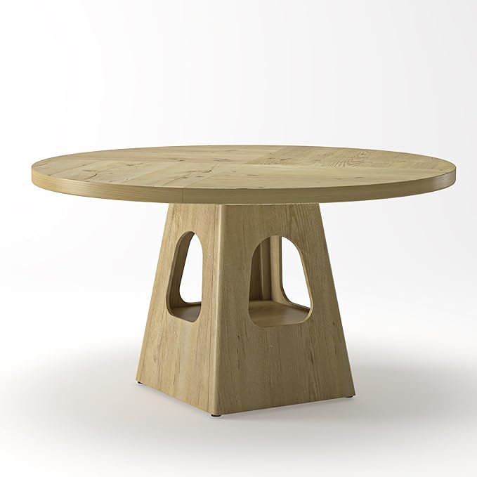 47" Round Wooden Dining Table, Kitchen Table with Rustic Farmhouse Look, Dinner Tables with Storage Base for Home Dining Areas, Natural