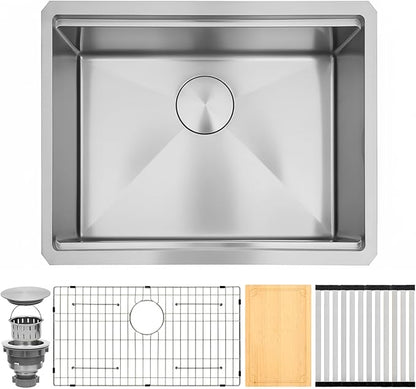 Undermount Kitchen Sink,16 Gauge T-304S Stainless Steel Workstation Sinks with Accessories, 23" x 18" x 10" Deep Single Bowl Kitchen Sinks for Outdoor, RV, Wetbar and Bathroom