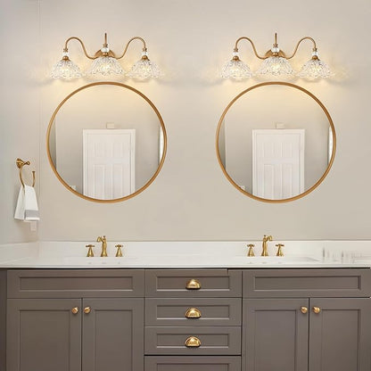 Vintage Bathroom Vanity Light, 3-Light Matte Deep Brass Finish Vanity Light with Flower-Shaped Clear Glass Shades, Retro Wall Sconce for Bathroom