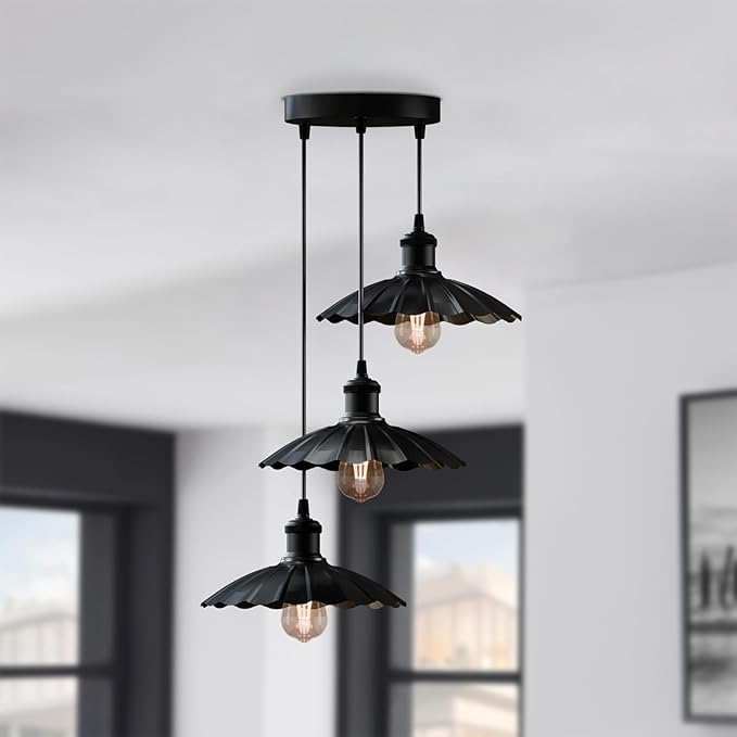 3-Lights Industrial Pendant Light with E26 Base Metal Umbrella Shade Pendant Lighting Adjustable Industrial Retro Style Hanging Light Fixture for Kitchen, Farmhouse (3 Way Black)