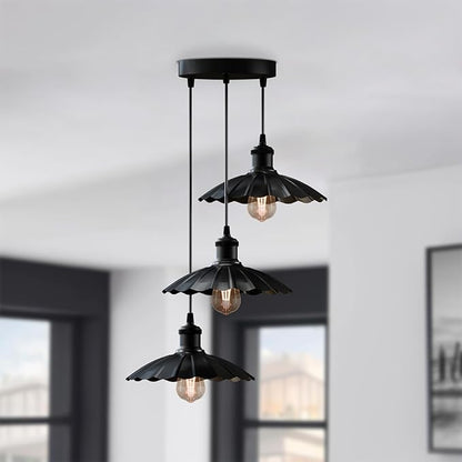 3-Lights Industrial Pendant Light with E26 Base Metal Umbrella Shade Pendant Lighting Adjustable Industrial Retro Style Hanging Light Fixture for Kitchen, Farmhouse (3 Way Black)