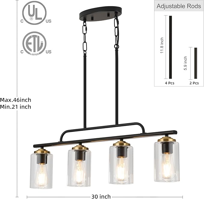 TWIG Kitchen Island Light Fixture/Chandelier Over Table,Farmhouse Modern Metal Hanging Light Fixtures for Dining Room with 4 Glass Shade