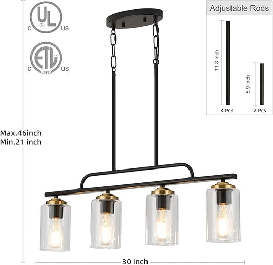 TWIG Kitchen Island Light Fixture/Chandelier Over Table,Farmhouse Modern Metal Hanging Light Fixtures for Dining Room with 4 Glass Shade