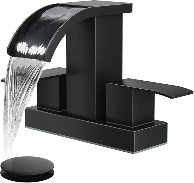 gotonovo Waterfall 4 Inch Centerset Bathroom Sink Faucet 2 Handle Basin Faucets 2 or 3 Hole Deck Mount with Pop Up Drain Included Lavatory Modern Mixer Tap Vanity Faucet Matte Black