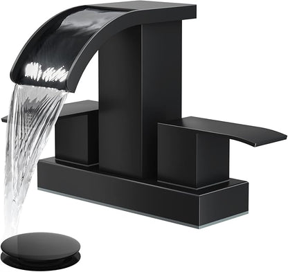 gotonovo Waterfall 4 Inch Centerset Bathroom Sink Faucet 2 Handle Basin Faucets 2 or 3 Hole Deck Mount with Pop Up Drain Included Lavatory Modern Mixer Tap Vanity Faucet Matte Black