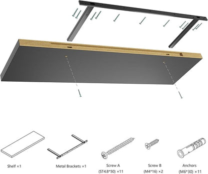 Wall Shelf Set of 1, Black Floating Shelves 24 in W x 10 in D x 1 in H, Wooden Floating Wall Shelf with Invisible Brackets for Living Room/Bedroom/Bathroom/Kitchen Storage and Decor