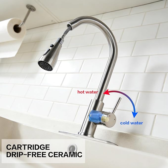 Kitchen Faucet with Pull Down Sprayer，Brushed Nickel, Kitchen Sink Faucet，High Arc Single Handle Classic Stainless Steel Sink Faucet，1 or 3 Hole,Suitable for Farmhouse Camper Laundry Rv Bar