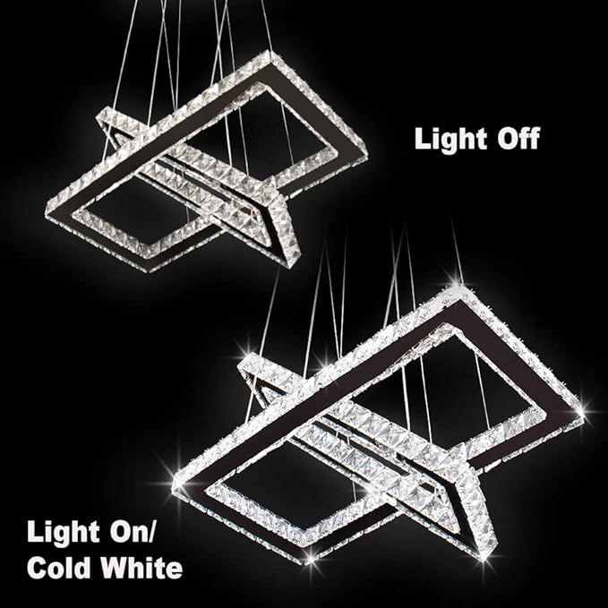 Finktonglan Modern Crystal Chandelier, Rectangular Double Ring LED Pendant Light, 6000K Cool White Non-Dimmable, Height Adjustable Hanging Light Fixture for Dining Room Living Room Bedroom
