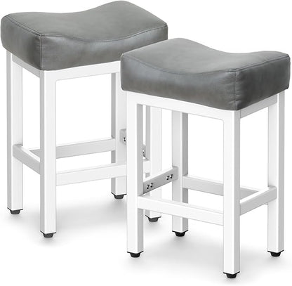 Raynesys Counter Height Bar Stools Set of 2, 24 Inch Barstools for Kitchen Island Counter, Bonded Leather Kitchen Stools with Thick Saddle Seats & Heavy Duty Metal Base, Easy Assembly, Gray/White