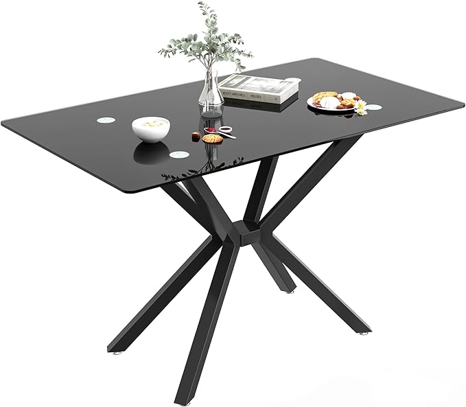 47" Black Glass Dining Table for 4, Modern Kitchen Dining Room Table with Rectangular Tempered Glass Top and Black X Metal Legs, Glass Dinner Table for Kitchen