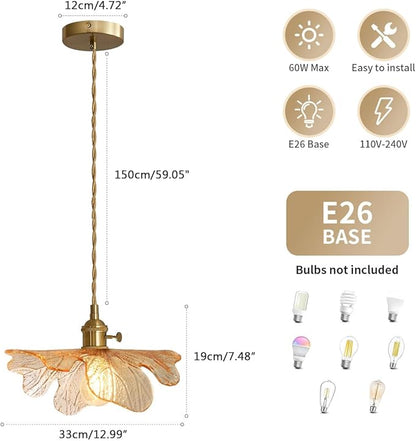 Amber Glass Pendant Lights for Dining Table Mid Century Flower Pendant Lamp with Blown Shade Vintage Gold Brass Adjustable Hanging Light for Kitchen Cabinets Bedroom entryway