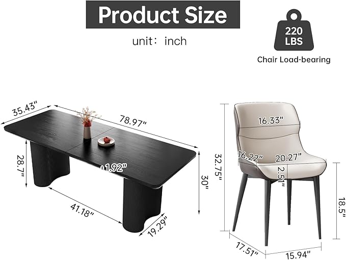 Miuuod 79" Extra Large Kitchen & Dining Table Set,Dining Room Table Set for Big Family, 1 Console Table with 8 Chairs,Centre Desk with Upholstered PU Chairs,Home Furniture Rectangular Modern, Black