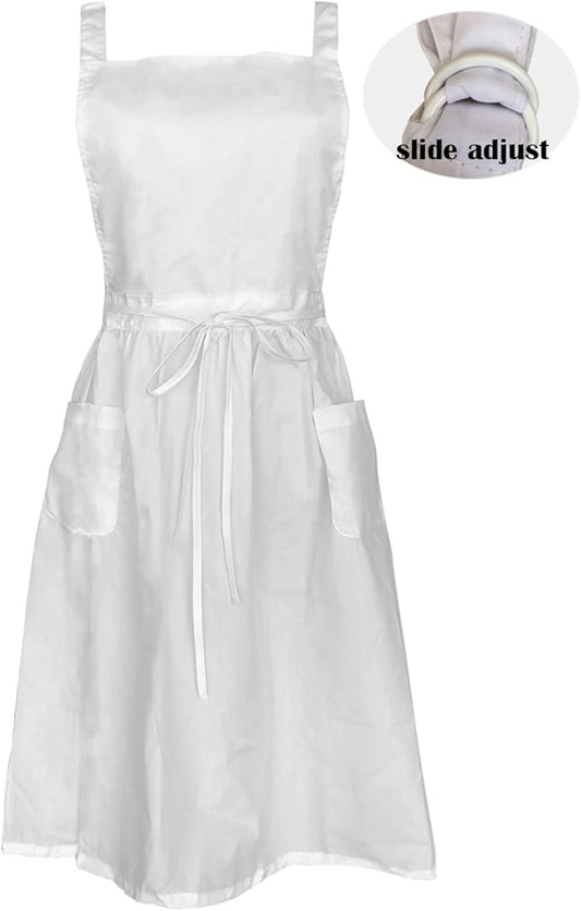 Cityelf Vintage White Apron Maid Pioneer Costume Victorian Style Cotton 50’s Ruffle Dress Apron with Long Ties and Pockets