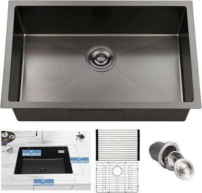 33 Inchs Undermount Kitchen Sink,33 x 19 x 9 Inch Black-Grey Single Bowl Sinks,16 Gauge Stainless Steel Nano Black Sinks with Accessories for Workstation, Prep Kitchen, Bar Sink Drop-in