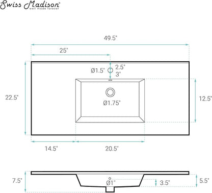 Swiss Madison SM-VT330 Voltaire 49" Vanity Top Sink with Single Faucet Hole
