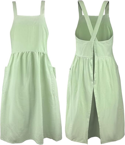 Uaussi Cotton Linen Apron Cross Back Work Apron for Women with Pockets Pinafore Dress X Cross Halter Apron for Chef Gardening