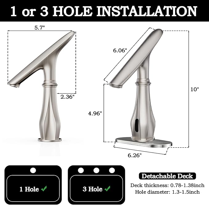Touchless Bathroom Sink Faucets, Brushed Nickel Bathroom Faucet Single Hole, Automatic Motion Sensor Battery Operated with Cover Plate and Mixing Valve for Commercial and Home