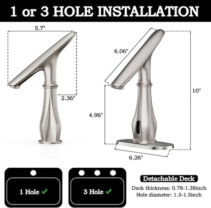 Touchless Bathroom Sink Faucets, Brushed Nickel Bathroom Faucet Single Hole, Automatic Motion Sensor Battery Operated with Cover Plate and Mixing Valve for Commercial and Home