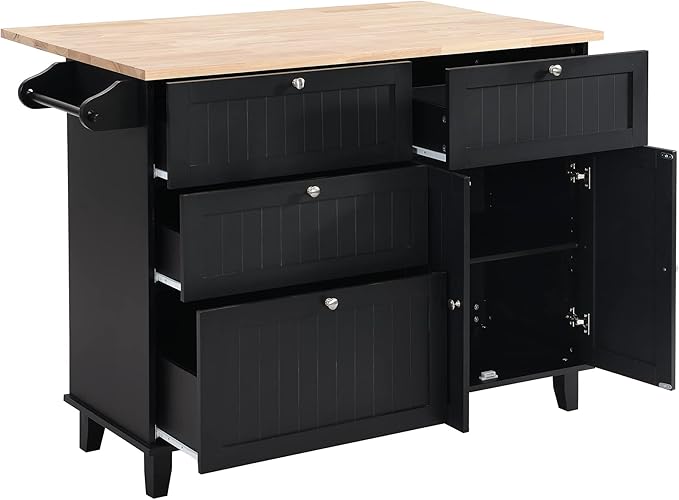 Kitchen Island Set, Rectangular Bar Table with 2 Seatings & Drop Leaf, Dining Table Set with Storage Cabinet & Drawers, Wood Sideboard with Towel Rack for Kitchen Dining Room (Black+Rustic Brown)