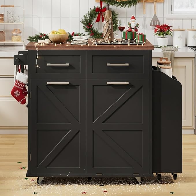 47.2" Kitchen Island with Drop Leaf, Portable Kitchen Cart with Trash Storage Cabinet & Removable Side Racks, 2 Drawers, Rolling Island Table on Wheels with Towel Rack, Black