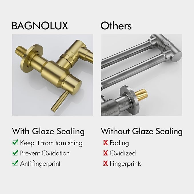 BAGNOLUX Traditional Wall Mounted Single Hole Pot Filler Faucet, Brass Kitchen Faucet Restaurant Stove with 2 Lever Handles and Double Jointed Swing Arm, 23.4 Inch, Brushed Gloss Dark Gold-PVD