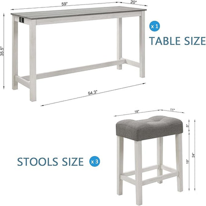 Merax 59 inch Bar Table Set with Power Outlet USB/Type-C, Behind Couch Table with 3 Padded Stools for Kitchen, Living Room, White & Grey