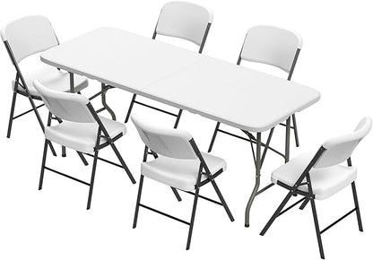 Elevon Folding Table Set with 6 White Folding Chairs,6 Feet Heavy Duty Fold-in-Half Utility Table Sets for Picnic, Event, Training, Outdoor Activities, at Home and Commercial Use