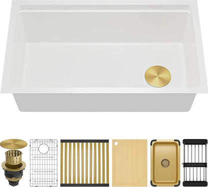 MILOSEN White Undermount Kitchen Sink, 33×18 Inch Workstation Ledge Under Counter Single Bowl Sinks with Offset Drain, Granite Composite Quartz Material, 9'' Large Deep Sinks With Gold Accessories