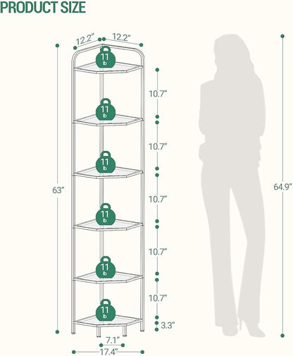Hzuaneri Corner Shelf Stand, 6-Tier Glass Bookshelf Bookcase, Bathroom Organizer, Plant Stand, Steel Frame, Tempered Glass, Modern Style for Living Room, Bathroom, Kitchen, Golden CS90600G