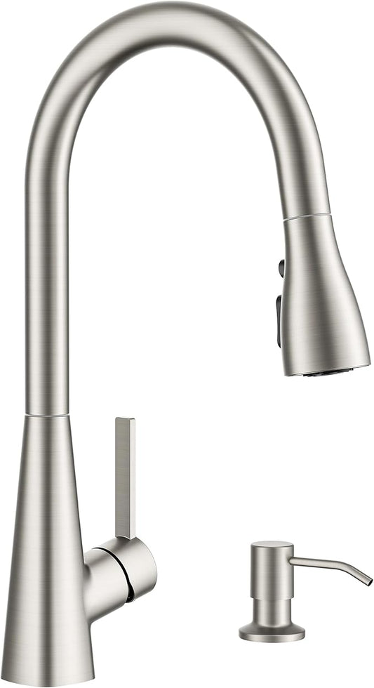 FORIOUS Kitchen Faucet with Soap Dispenser, Pull Down Sprayer, Brushed Nickel Modern High Arc Stainless Steel Faucet for Kitchen Sink, Single Handle for 1 or 3 Hole Decks RV Bar Farmhouse Laundry